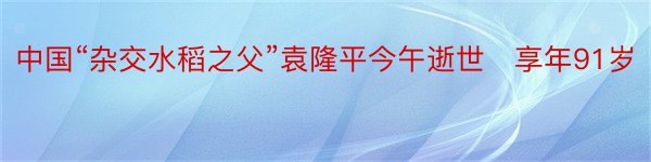 中国“杂交水稻之父”袁隆平今午逝世　享年91岁